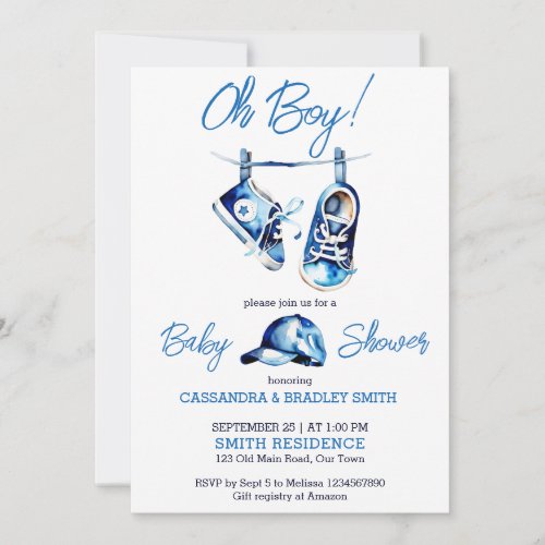 Its a boy blue baby shoes a cap simple modern invitation