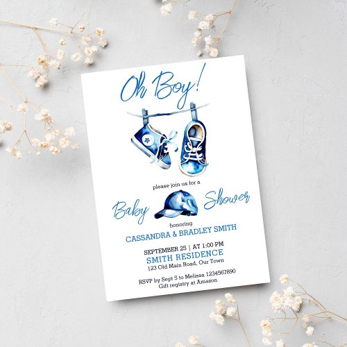 Its a boy blue baby shoes a cap simple modern invitation