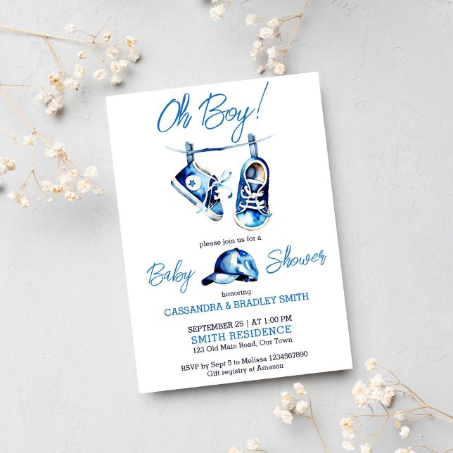 It's a boy blue baby shoes a cap simple modern invitation (Oh boy baby shower template invitation digital download sports cap baby sneakers blue modern invite)
