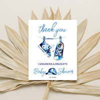 It's a boy blue baby shoes a cap thank you card