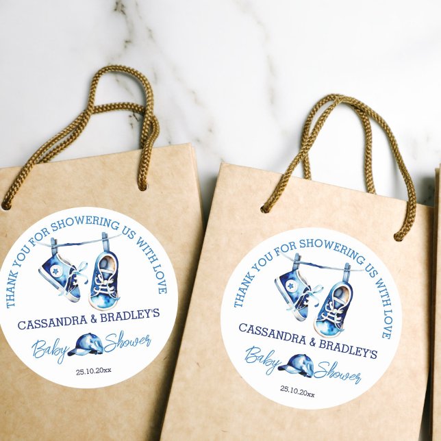 It's a boy blue baby shoes thank you favor classic round sticker (It's a boy baby shower thank you favor gift stickers blue baby shoes sneakers on a line sports cap)