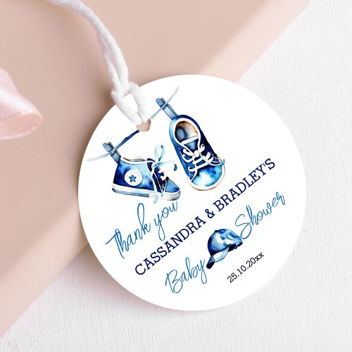 Its a boy blue baby shoes thank you favor favor tags