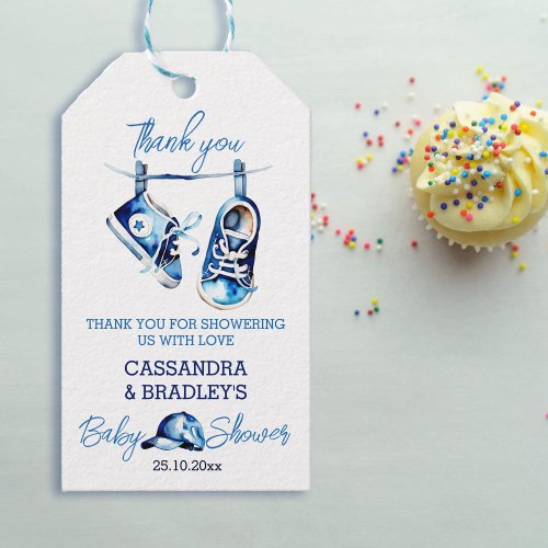 Its a boy blue baby shoes thank you favor gift tags