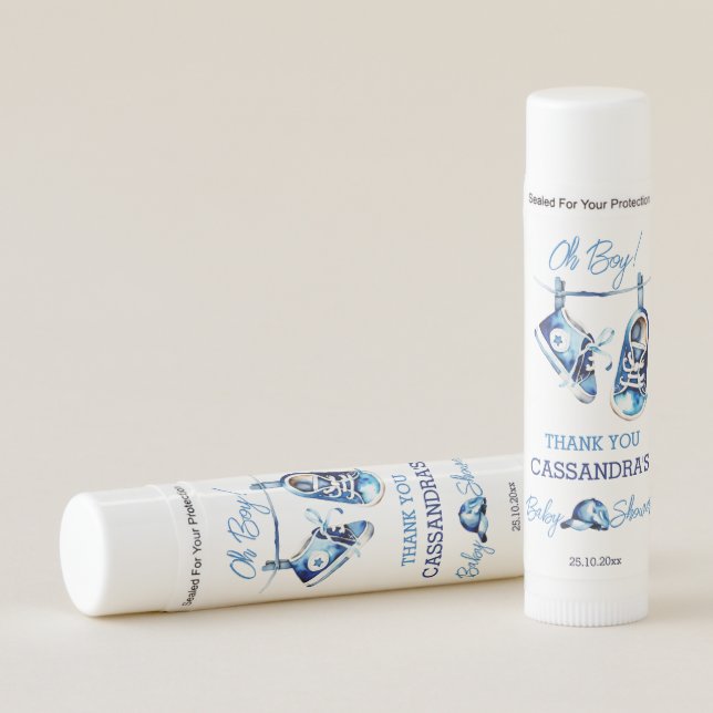 It's a boy blue baby shoes thank you favor lip balm (Front)