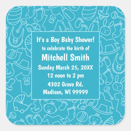 Its a Boy Blue Baby Shower Save the Date Square Sticker