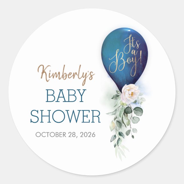 It's A Boy Blue Balloon Baby Shower Classic Round Sticker (Front)