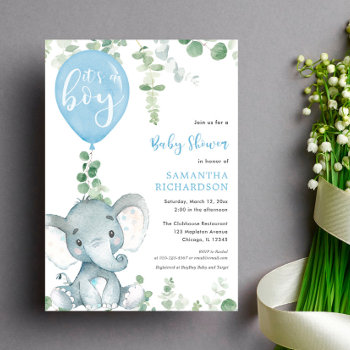 It's A Boy Blue Balloon Cute Elephant Baby Shower Invitation by StyleswithCharm at Zazzle