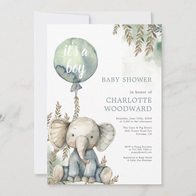 It's A Boy Blue Balloon Elephant Baby Shower Invitation (Front)