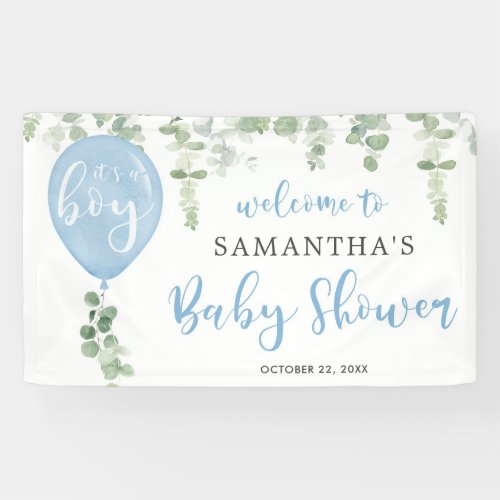 Its a boy blue balloon eucalyptus baby shower banner