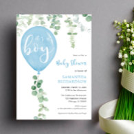 It's a boy blue balloon eucalyptus baby shower invitation