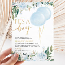 It's A Boy Blue Balloon Greenery Baby Shower Invitation