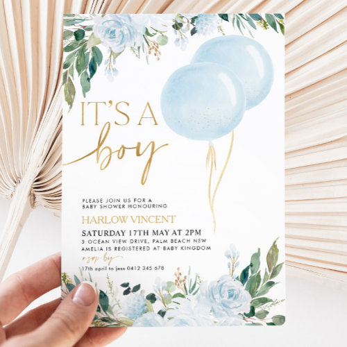 It's A Boy Blue Balloon Greenery Baby Shower 