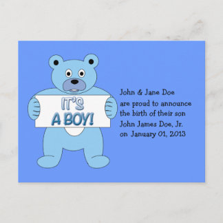 It's A Boy Blue Bear Announcement Postcard