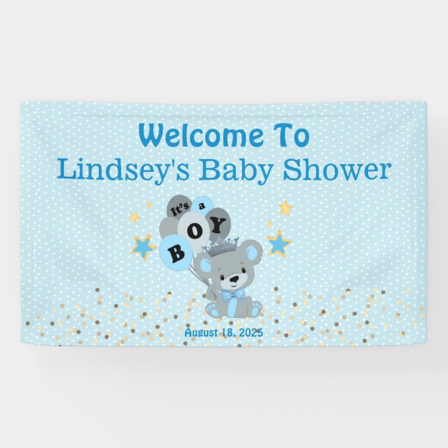 It's a Boy Blue Bear Balloons Banner (Horizontal)