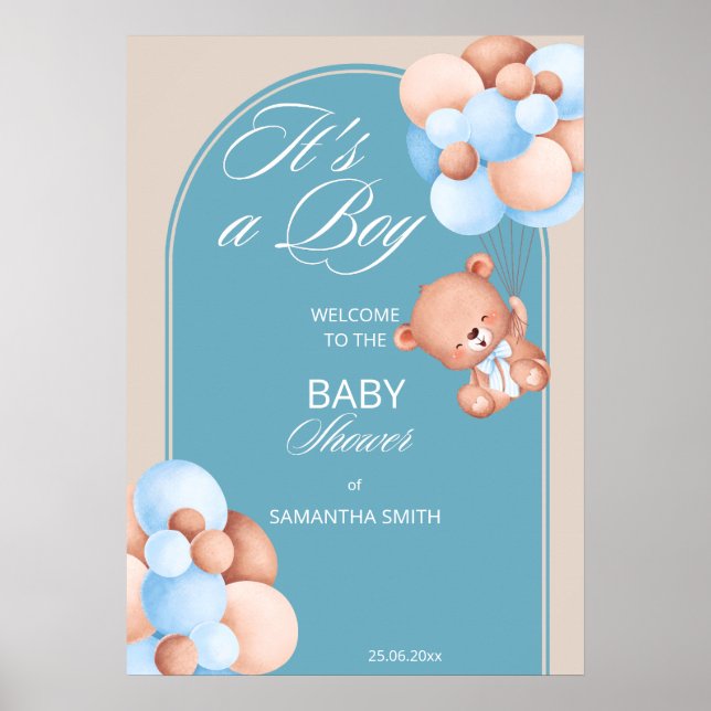It's a boy blue beige balloons baby shower welcome poster (Front)