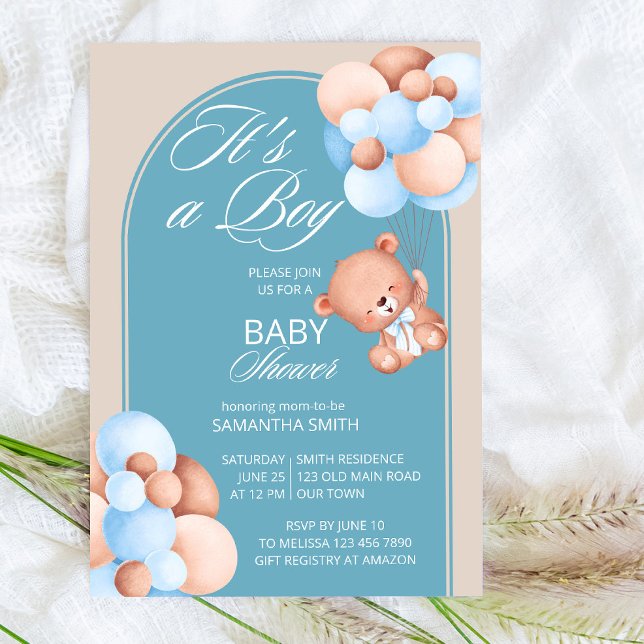 It's a boy blue beige balloons teddy bear arch  invitation (Creator Uploaded)