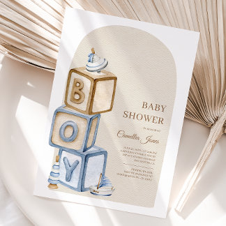It's A Boy Blue Boho Blocks And Toys Baby Shower Invitation