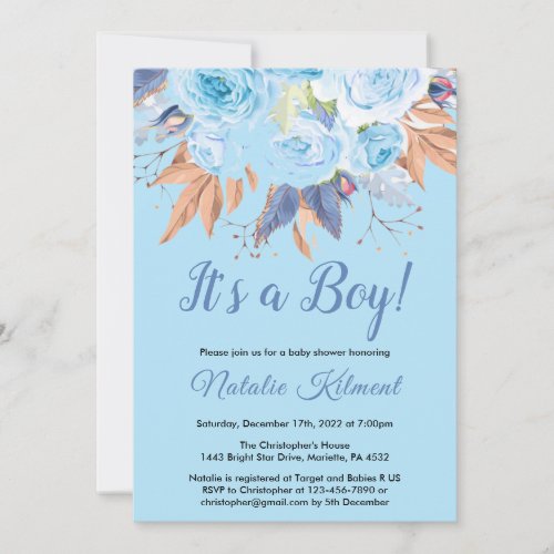 Its a Boy Blue Botanical Floral Boy Baby Shower Invitation