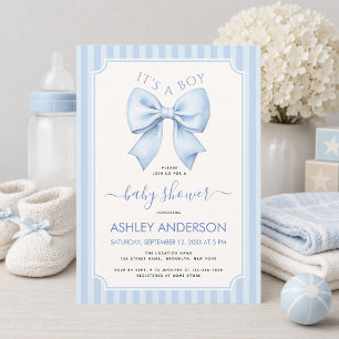 It's a Boy Blue Bow and Stripes Baby Shower Invitation