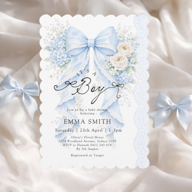 It's a Boy Blue Bow Floral Baby Shower Invitation (Creator Uploaded)