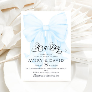 Its a Boy Blue Bow Modern Elegant Baby Shower Invitation