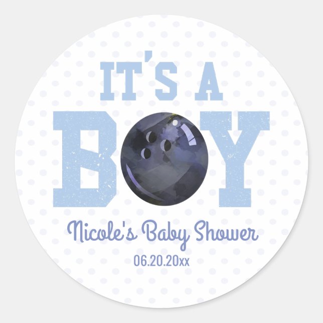 It's A Boy! Blue Bowling Ball Baby Shower Favor Classic Round Sticker (Front)