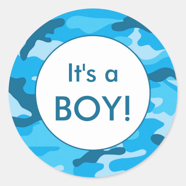 It's a BOY! Blue camo announcement favor stickers (Front)