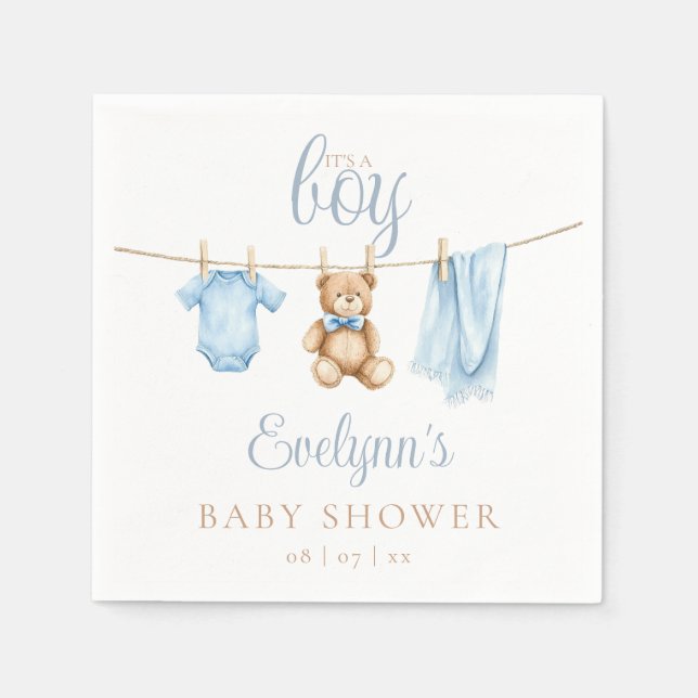 Its A Boy Blue Clothesline Baby Shower Napkins (Front)