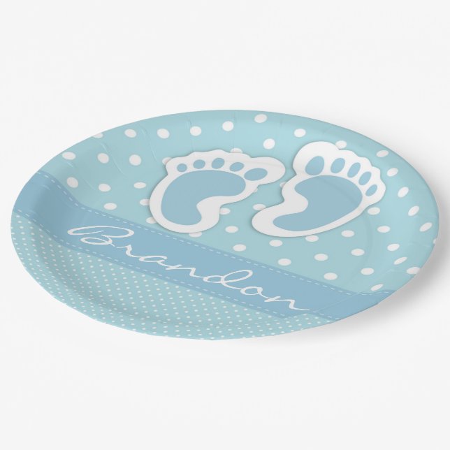Its A Boy Blue Feet White Polka Dots Pattern Paper Plates (Angled)