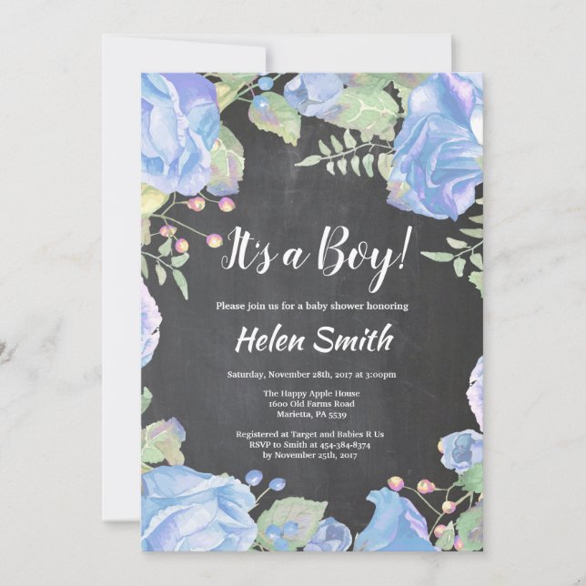 It's A Boy Blue Floral Baby Shower Chalkboard Invitation (Front)