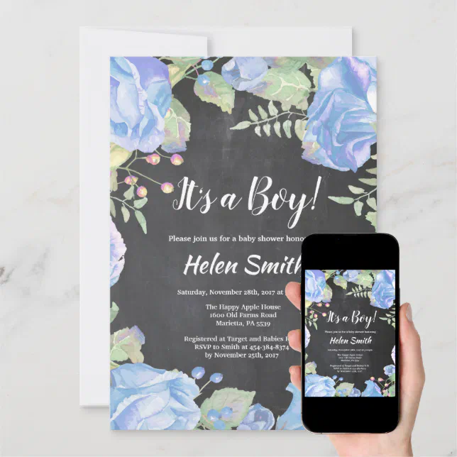 It's A Boy Blue Floral Baby Shower Chalkboard Invitation Zazzle