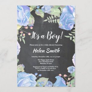 It's A Boy Blue Floral Baby Shower Chalkboard Invitation