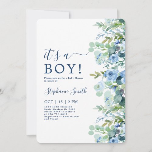 Its a Boy Blue Floral Baby Shower Invitation