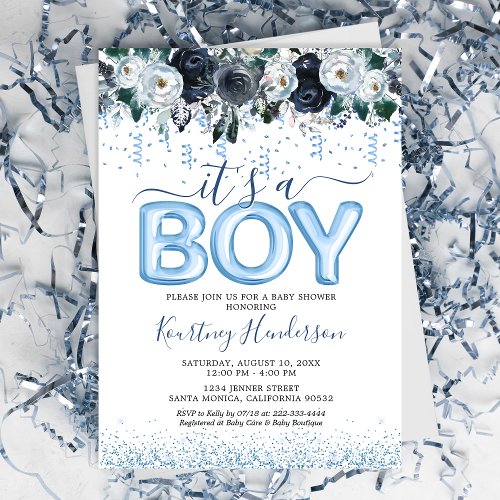 Its a Boy Blue Floral Baby Shower Invitation