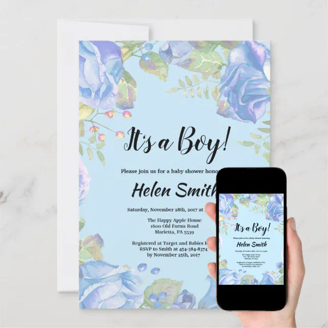It's A Boy Blue Floral Baby Shower Invitation Zazzle