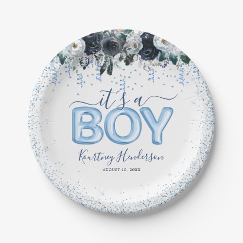 Its a Boy Blue Floral Baby Shower Paper Plates