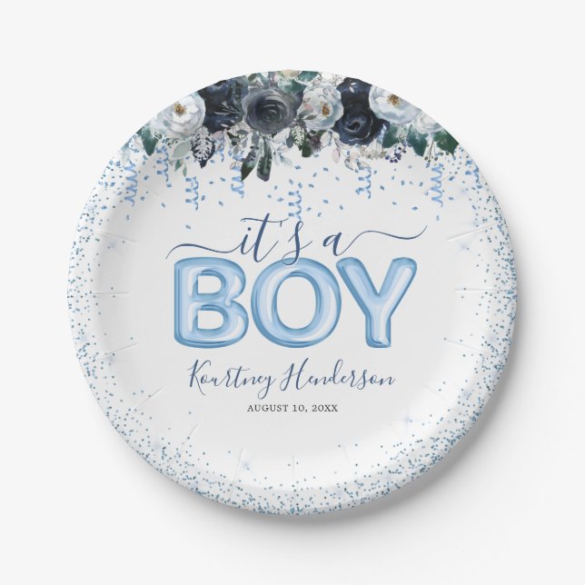 It's a Boy Blue Floral Baby Shower Paper Plates (Front)