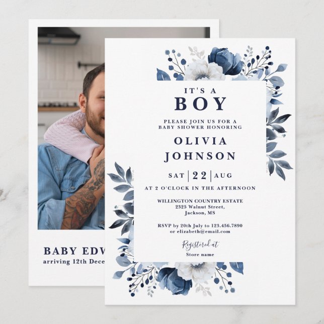 Its A Boy Blue Floral Photo QR Baby Shower Invitation (Front/Back)