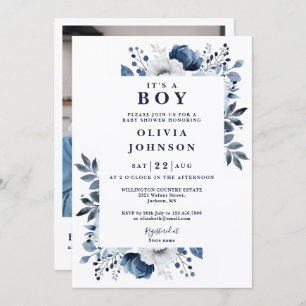 Its A Boy Blue Floral Photo QR Baby Shower Invitation