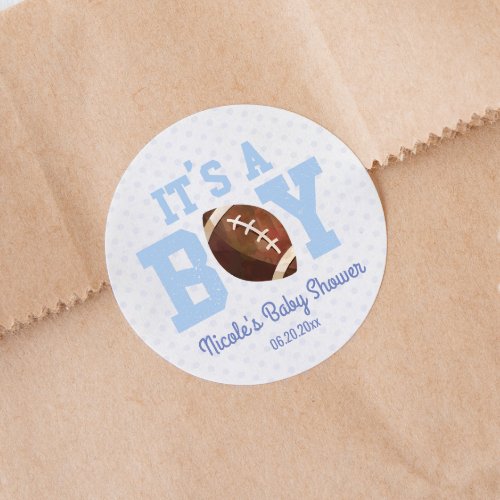 Its A Boy Blue Football Baby Shower Party Favor Classic Round Sticker