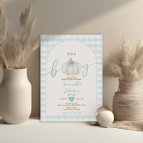 Its A Boy Blue Gingham White Pumpkin Baby Shower Invitation