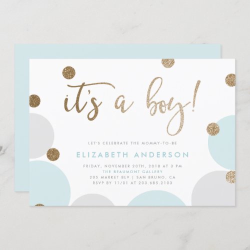 It's a Boy! | Blue & Gold Confetti Baby Shower Invitation - Make your own "It's a Boy! | Blue & Gold Confetti Baby Shower" invitations with these easy-to-customize templates by Eugene Designs. This cute baby shower design features a faux gold glitter calligraphy font with a modern, simple typography.