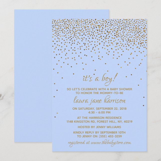 It's a Boy! Blue & Gold Confetti Baby Shower Invitation (Front/Back)