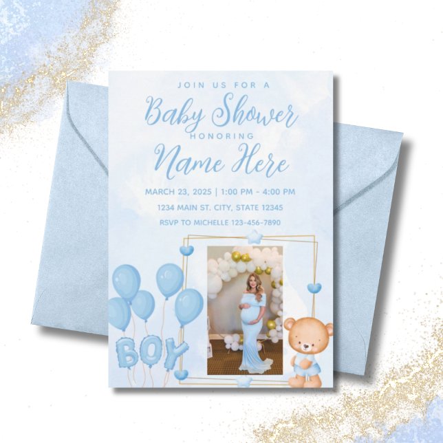 It's a Boy Blue Gold Custom Photo Baby Shower Invitation (Creator Uploaded)
