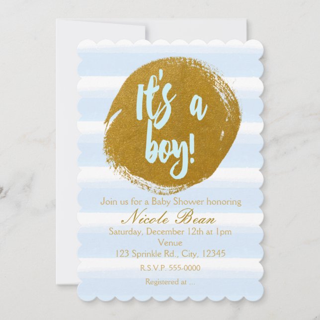 IT'S A BOY Blue Gold Foil Watercolor Invitation (Front)