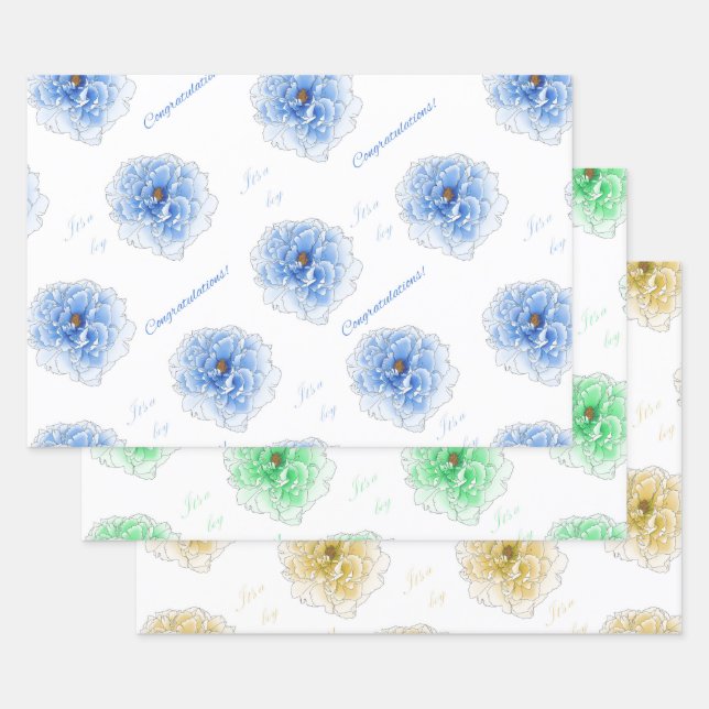 It's a Boy Blue Green Yellow Flowers  Wrapping Paper Sheets (Set)
