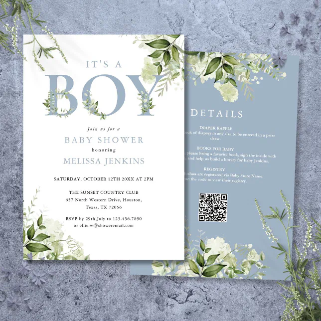 Its A Boy Blue Greenery All In One Baby Shower Invitation | Zazzle