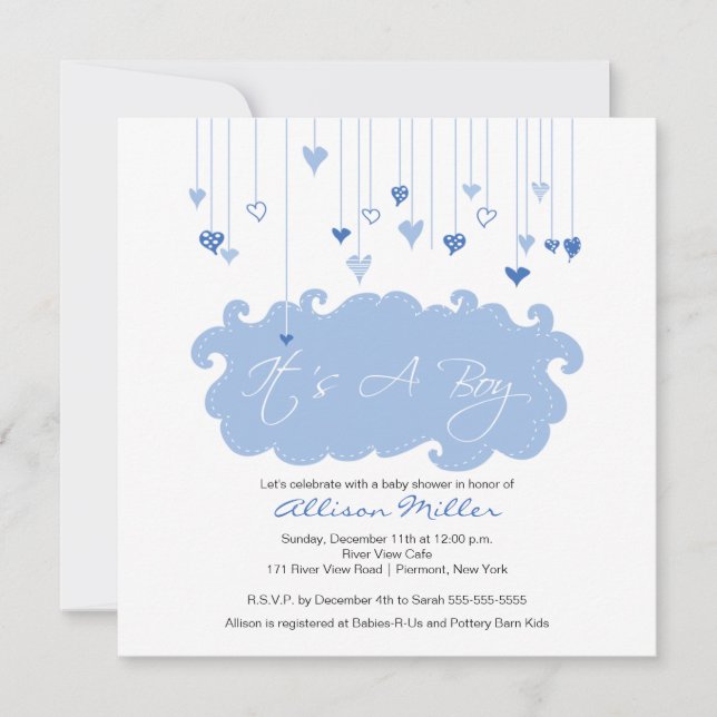 It's A Boy Blue Hearts Boy Baby Shower Invitation (Front)