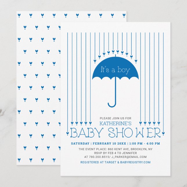 It's a boy | Blue Hearts & Umbrella Baby Shower Invitation (Front/Back)