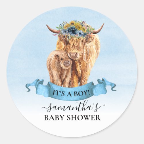  Its a Boy Blue Highland Cow Calf Baby Shower    Classic Round Sticker